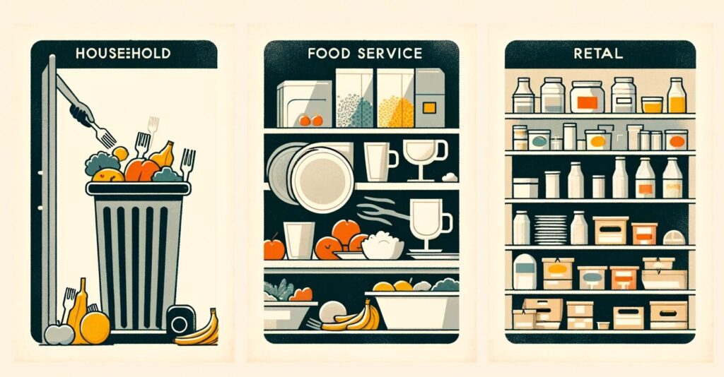 食品ロスは家庭系、食品サービス系、小売業系の３つあることを示すイラスト