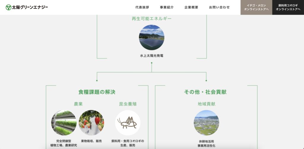 太陽ホールディングス株式会社／太陽グリーンエナジー株式会社日本の食用コオロギの養殖会社のホームページ画像